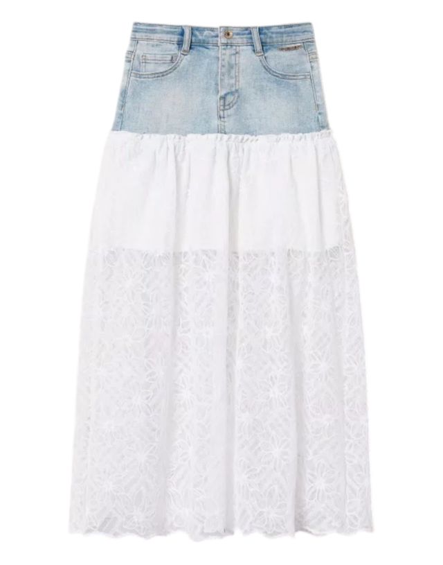 Twinset Gonna Lunga In Denim C/Tulle Ricamato