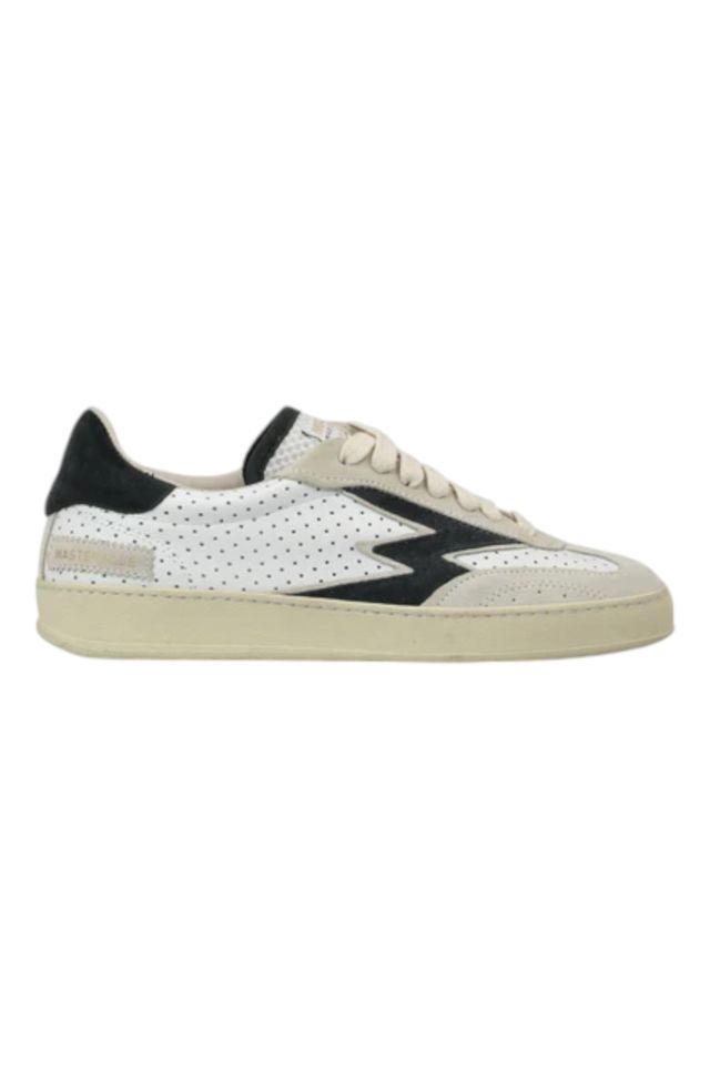 MoaConcept Off Black Suede M Logo White Pierced Leather Club