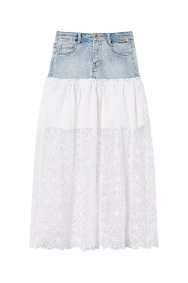 Twinset Gonna Lunga In Denim C/Tulle Ricamato
